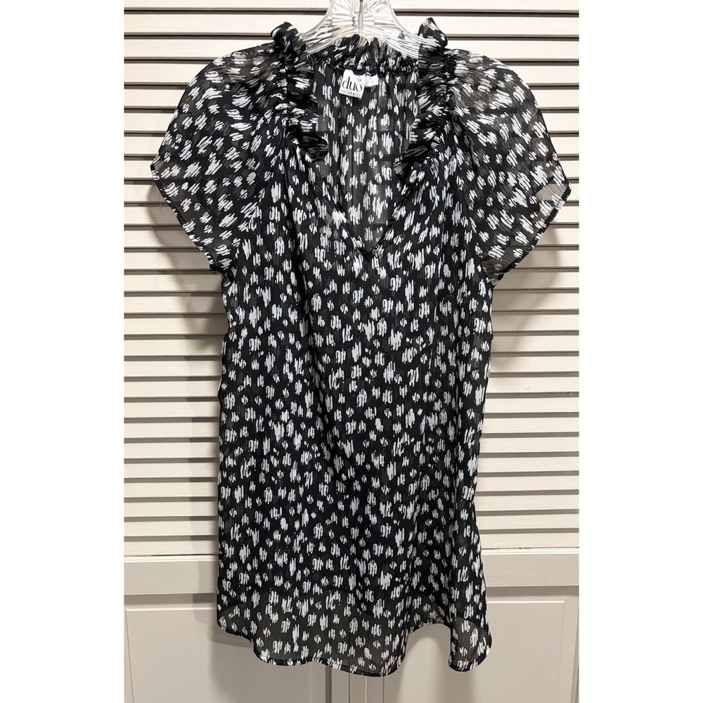 Duo Maternity Black/Cream Geo Sheer‎ Chiffon Short Sleeve Blouse Size M Ruffle